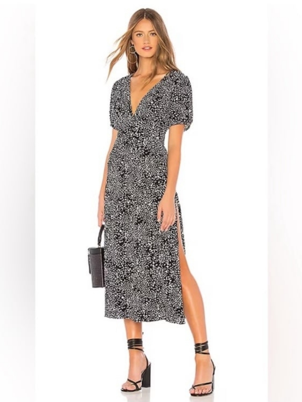 Free People Elegant Black and White Patterned Deep V-neck Dress